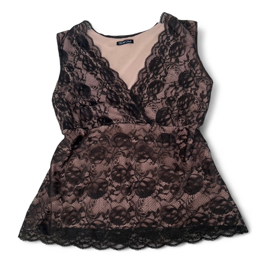 VINTAGE Y2K 2000s Denise Cruz Black Lace Sleeveless Top